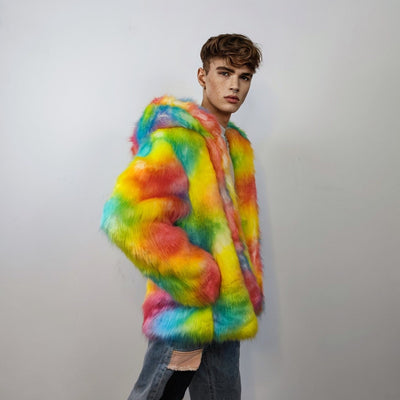 Hooded rainbow fur jacket unicorn bomber neon raver puffer fluffy tie-dye fleece psychedelic festival coat burning man party trench orange