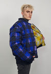 Tattoo print varsity jacket blue tartan reversible bomber