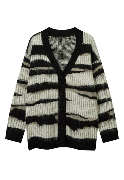 Fluffy striped cardigan fuzzy zebra jumper knitted top pink