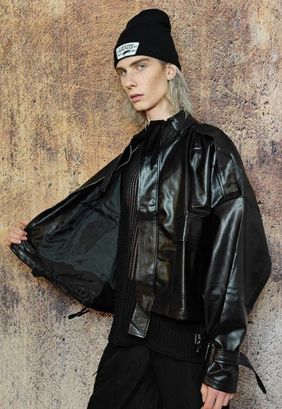 Oversize faux leather utility jacket wide biker bomber black