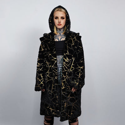 Golden foil long coat hooded metallic painted trench going out bomber detachable party fleece removable sleeves burning man jacket in black