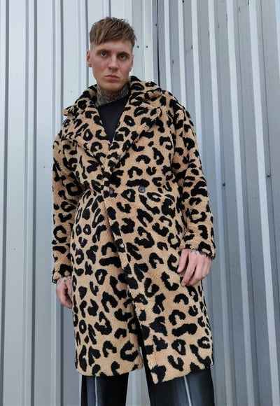 Leopard fleece coat in brown faux fur animal print jacket