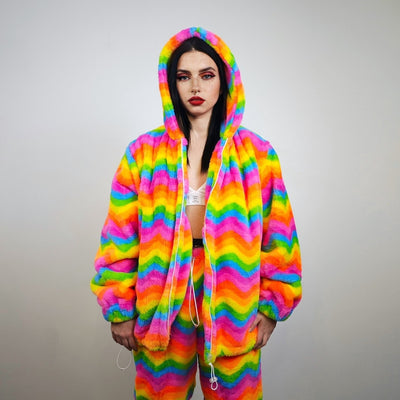 Rainbow fleece jacket psychedelic hood festival glitch rave bomber unicorn carnival overcoat LGBT jumper gay pride pullover burning man top