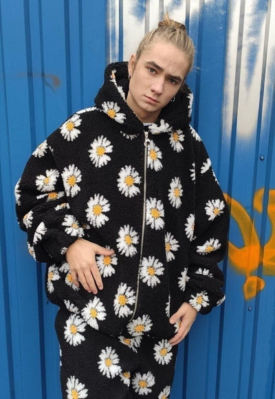 Daisy print fleece jacket handmade sunflower bomber in black