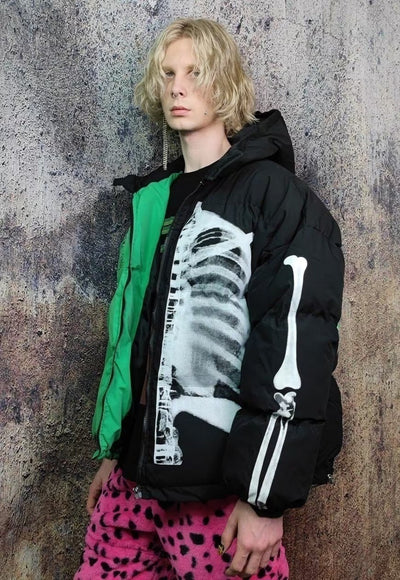 Skeleton puffer split colour bomber jacket grunge varsity