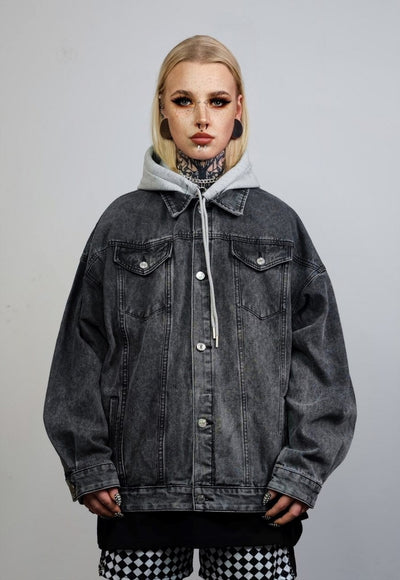 Hooded denim jacket faded gorpcore jean coat in washed grey