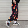 Flame fleece joggers luxury fluffy pants handmade thunder print trousers long hair premium fire festival overalls in black