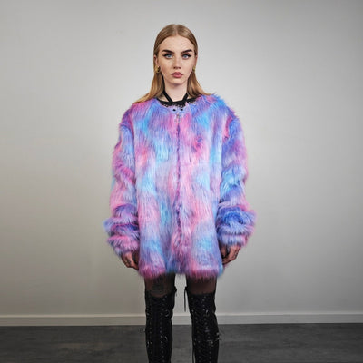 Neon faux fur jacket collarless pastel coat bright raver bomber fluffy rainbow fleece luminous festival pullover burning man overcoat blue