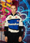 Motorcycle jacket multi patch padded racing bomber in blue