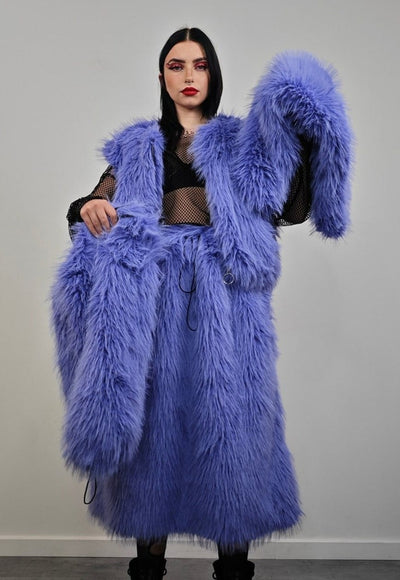 Shaggy fur coat blue hooded cropped trench festival jacket