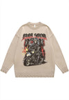 Motorcycle sweater biker print knit distressed jumper grey