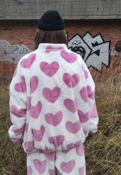 Heart fleece jacket handmade reversible love bomber in pink