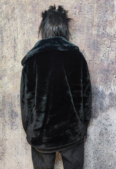 Faux fur coat fluffy trench jacket stripe bomber in black