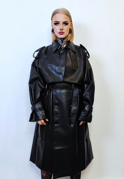 Faux leather trench coat double breasted going out jacket