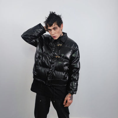 Faux leather bomber jacket utility punk bomber gorpcore coat going out PU puffer varsity fancy dress coat catwalk jacket in black