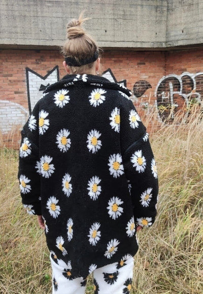 Floral fleece jacket handmade daisy trench coat in black