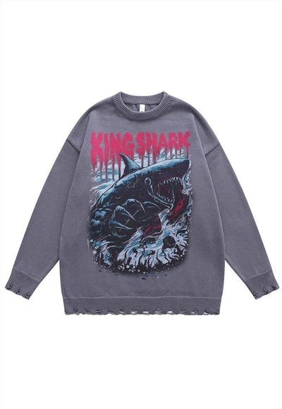 Shark print sweater scary jumper ripped knitted top in black