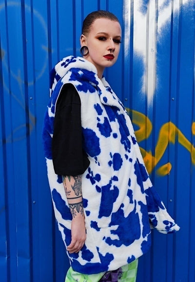 Cow fleece coat handmade 2 in1 animal print jacket in blue