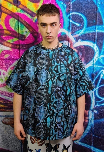 Snake print t-shirt handmade python tee punk top in blue