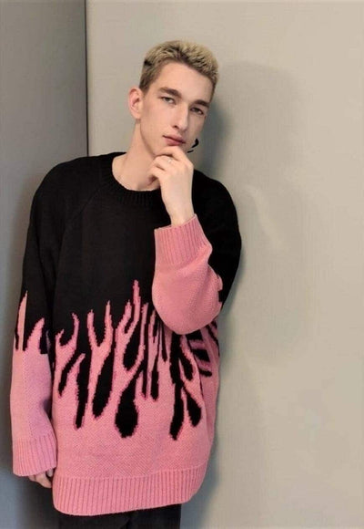 Oversize flame sweater grunge knitted fire jumper in pink