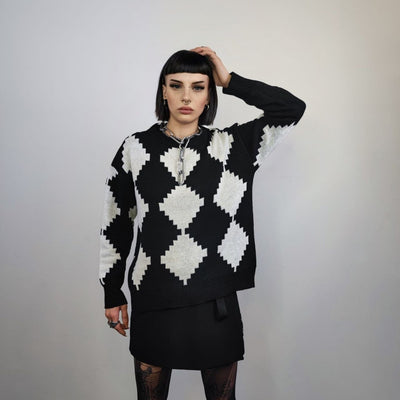 Big check sweater knitted chess jumper chequerboard top SKA knitwear rocker sweatshirt in black and white