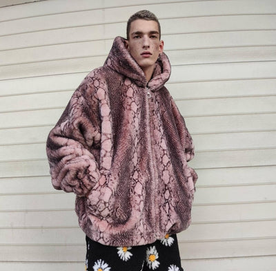 Luxury snake jacket faux fur python print bomber handmade fluffy catwalk fleece puffer premium grunge hooded coat in pastel pink black