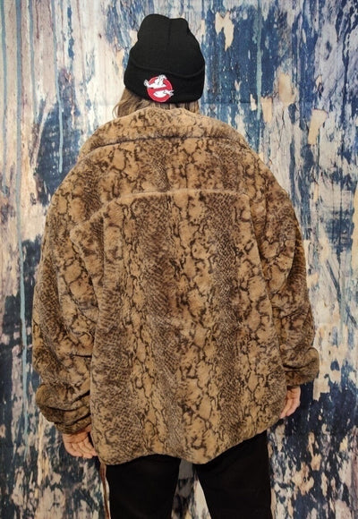 Python fleece jacket faux fur snake aviator bomber in brown