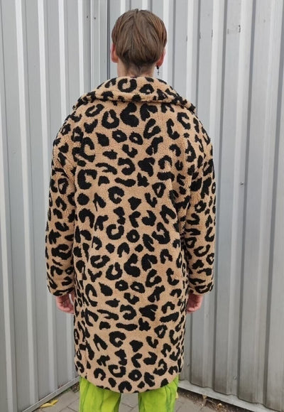 Leopard fleece coat in brown faux fur animal print jacket