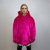 Hooded neon faux fur jacket shaggy bomber bright raver puffer fluffy fleece bright festival coat burning man overcoat in fuchsia pink