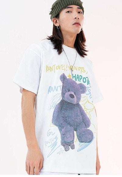 Teddy print t-shirt grunge bear tee skater slogan top White