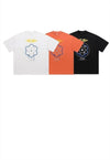 Atom print t-shirt science geek tee retro raver top orange