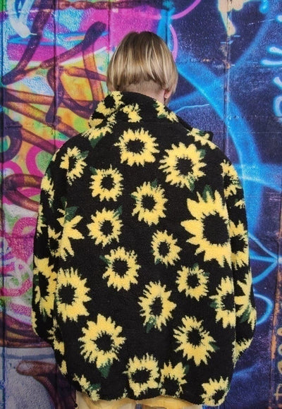 Sunflower fleece bomber handmade daisy floral coat jacket