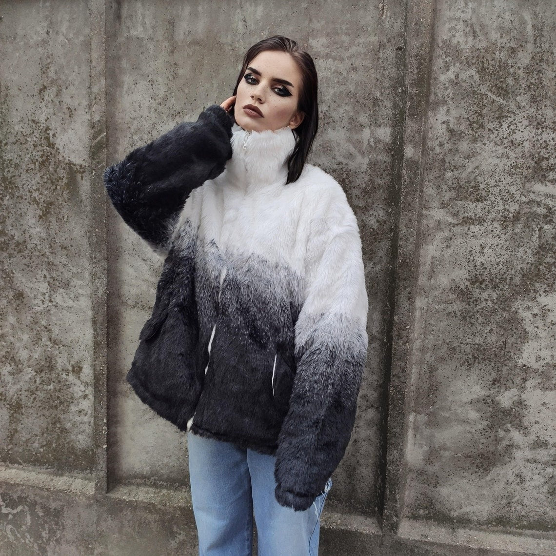 Gradient faux fur jacket tie dye fluffy bomber festival varsity jacket Dark Harvest