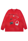 Y2K print top grunge long sleeve tee retro gadget top in red