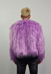 Shaggy fur coat purple collarless cropped festival trench