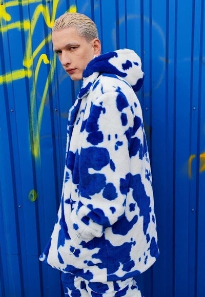 Cow fleece coat handmade 2 in1 animal print jacket in blue