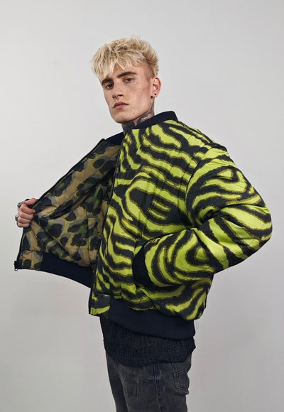 Zebra print varsity jacket green striped reversible bomber