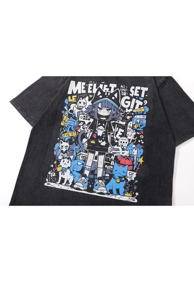 Anime t-shirt Kawaii tee Japanese cartoon top vintage grey