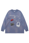 Y2K print top grunge long sleeve tee retro gadget top blue