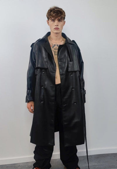 Faux leather trench coat double breasted dominatrix jacket