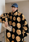 Emoji fleece jacket faux fur smile print bomber in black