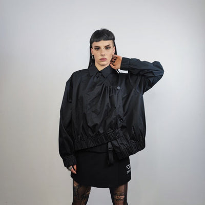 Asymmetric shirt unusual Gothic top catwalk blouse punk rocker jumper long sleeve gorpcore pullover button up utility jumper in black