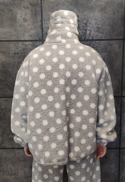 Polka dot fleece jacket handmade fluffy 70s spot bomber grey