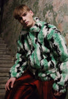 Tie-dye cow fleece jacket faux fur grunge bomber in green