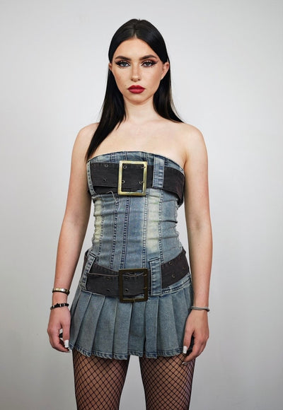 Belted denim dress cowboy blue mini jean gown