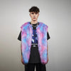 Neon faux fur jacket collarless pastel coat bright raver bomber fluffy rainbow fleece luminous festival pullover burning man overcoat blue