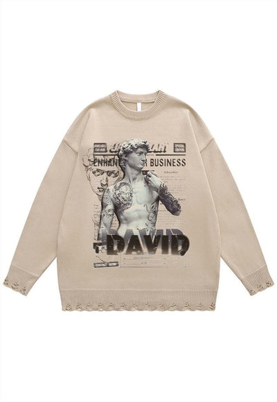 David statue sweater ripped jumper grunge knitted top grey