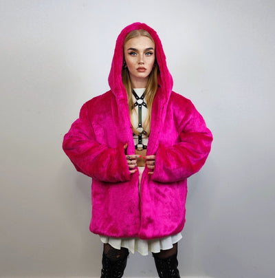 Hooded red faux fur jacket shaggy bomber bright raver puffer fluffy winter fleece festival coat burning man trench fancy dress overcoat