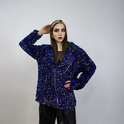 Sequin biker jacket black glitter bomber sparkle night club coat party blazer glam rock overcoat fancy dress embellished going out top