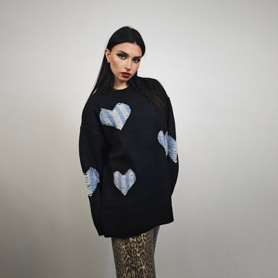 Heart sweater ripped punk jumper distressed love emoji top knitted grunge pullover distressed 00s style shredded knitwear in black blue